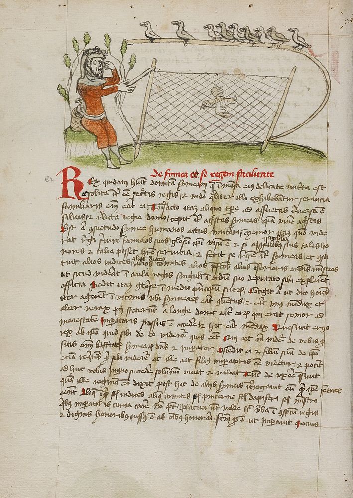 A Crowned Man Pointing to his Eyes and Holding a Net over a Bird