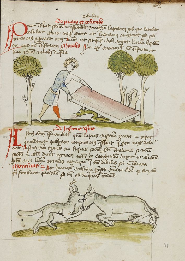 A Young Man in a Bed under which is a Snake; A Donkey Fighting with a Fox