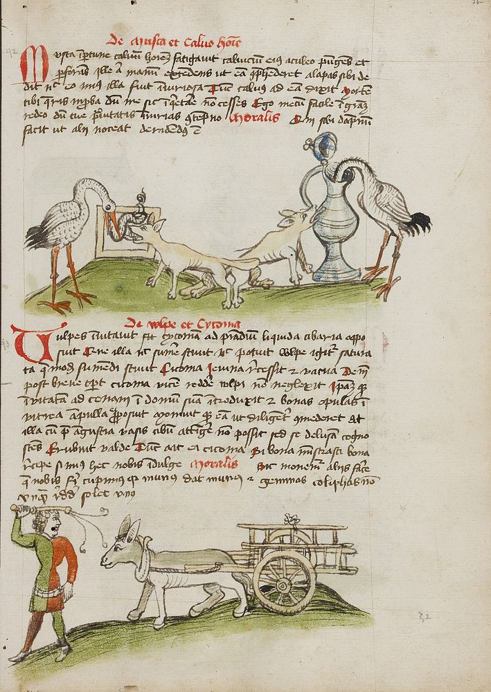 A Stork with its Head in a Vessel and a Fox Nearby; A Stork Spitting Out a Snake which the Fox Eats; A Farmer Driving a Mule…