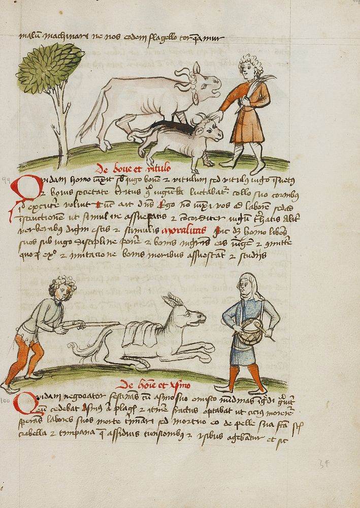 A Farmer with an Ox and Calf; A Man Hitting a Donkey; A Man Beating a Drum