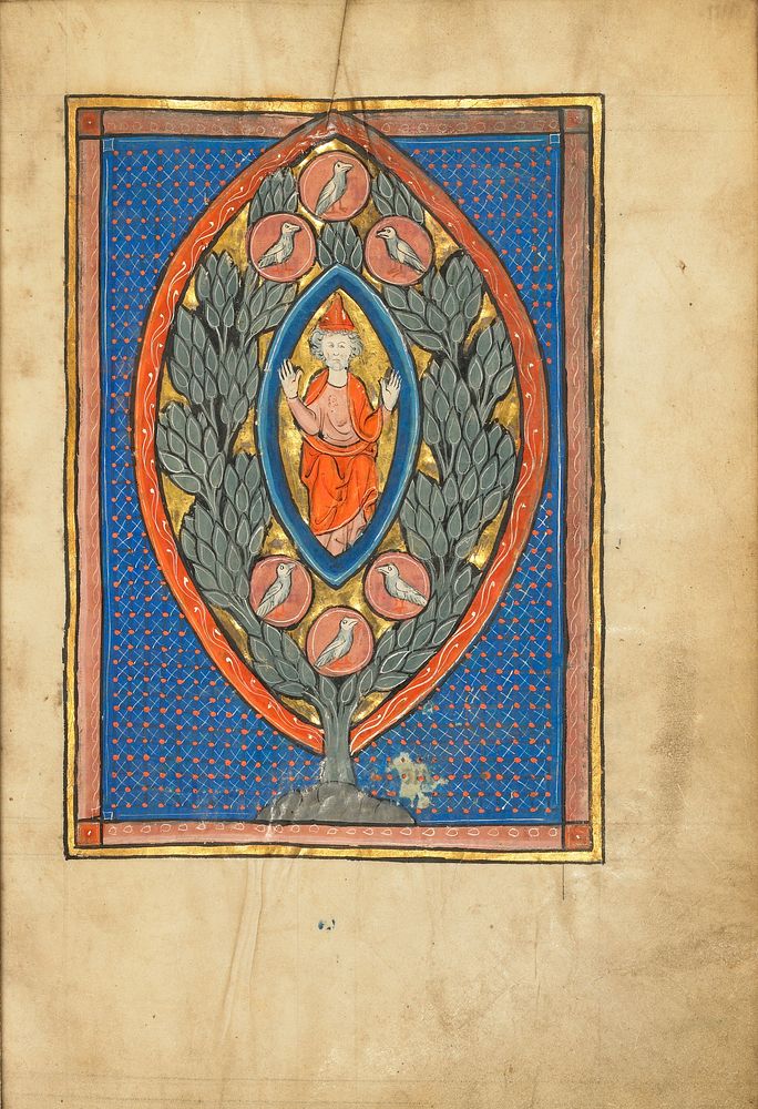 A Man Enthroned within a Mandorla in a Tree