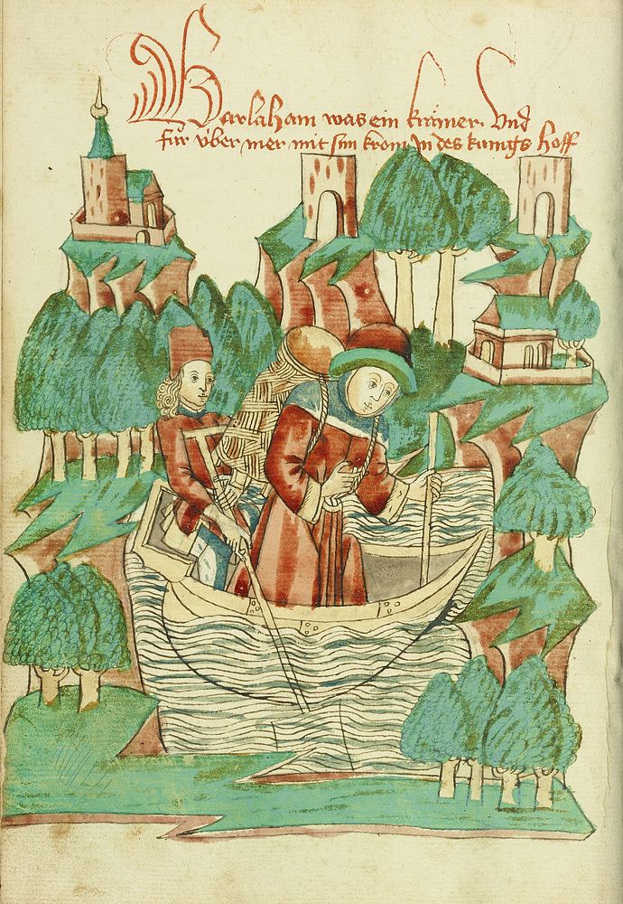 Barlaam, Carrying a Shoulder Pack, Crosses a River by Hans Schilling and Diebold Lauber