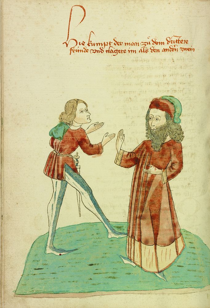 A Young Man Meeting an Older Bearded Man by Hans Schilling and Diebold Lauber