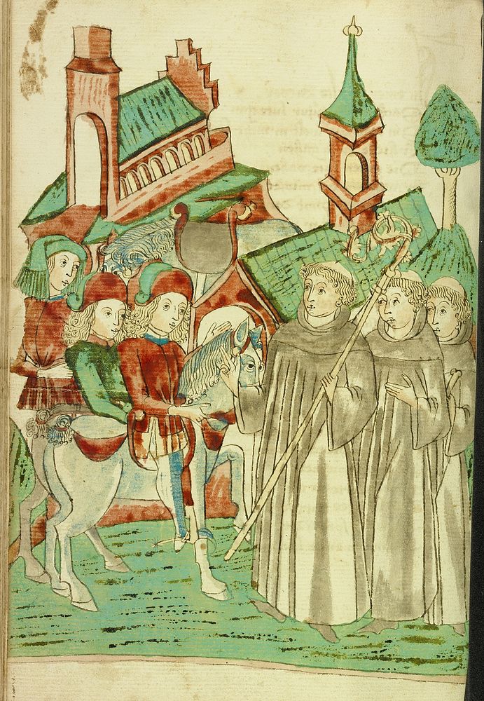 Horsemen Meeting an Abbot and Two Monks at a Monastery by Hans Schilling and Diebold Lauber