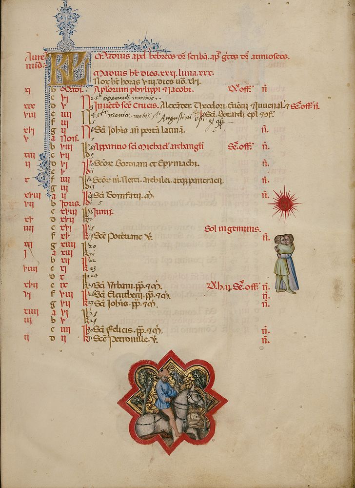 A Man Hawking; Zodiacal Sign of Gemini by Master of the Brussels Initials