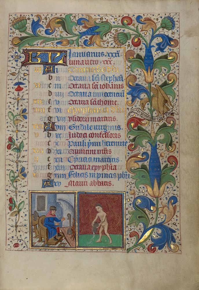 Calendar Page for January; Keeping Warm; Aquarius by Master of the Lee Hours