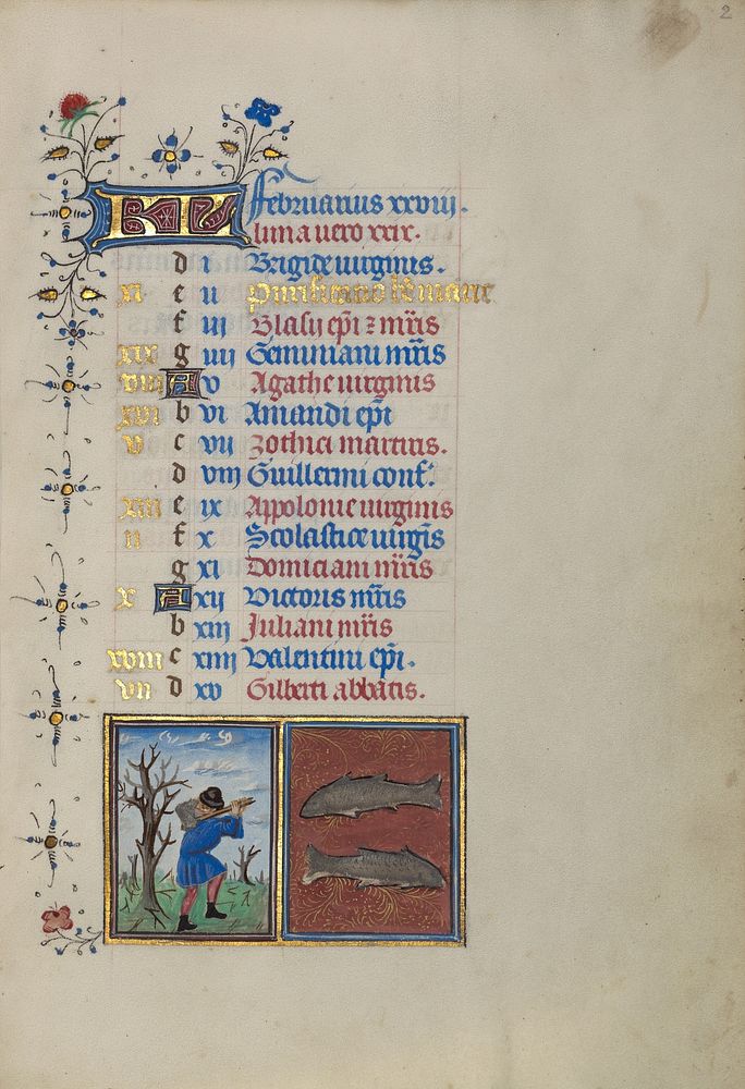 Calendar Page for February; Chopping Trees; Pisces by Master of the Lee Hours