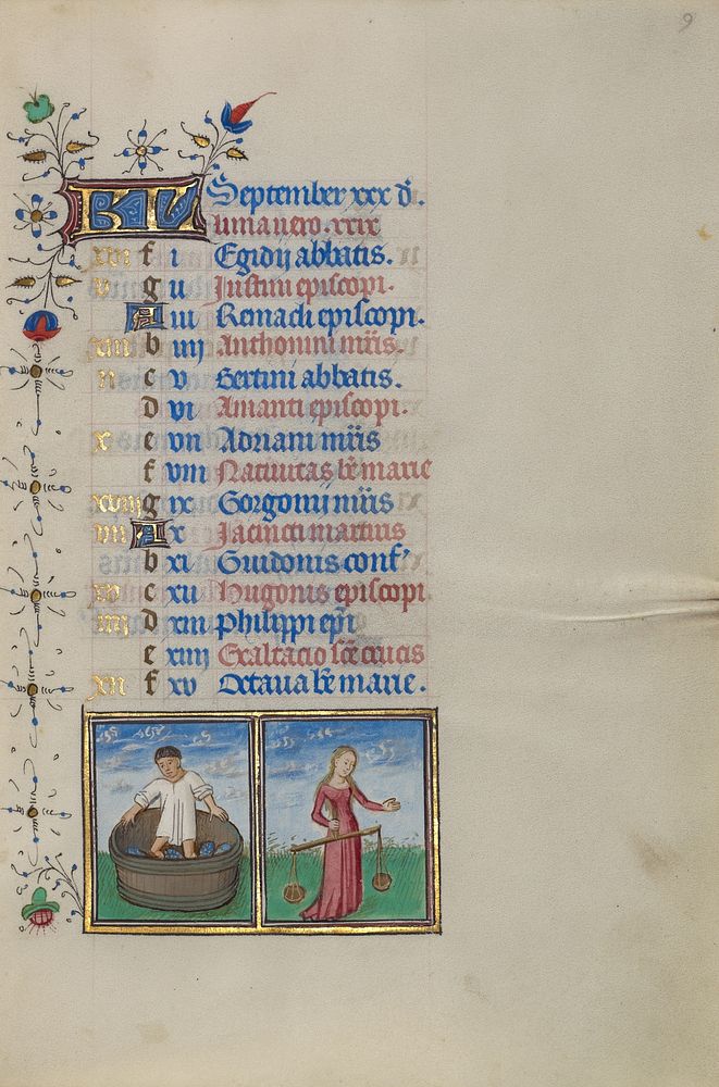 Calendar Page for September; Making Wine; Libra by Master of the Lee Hours