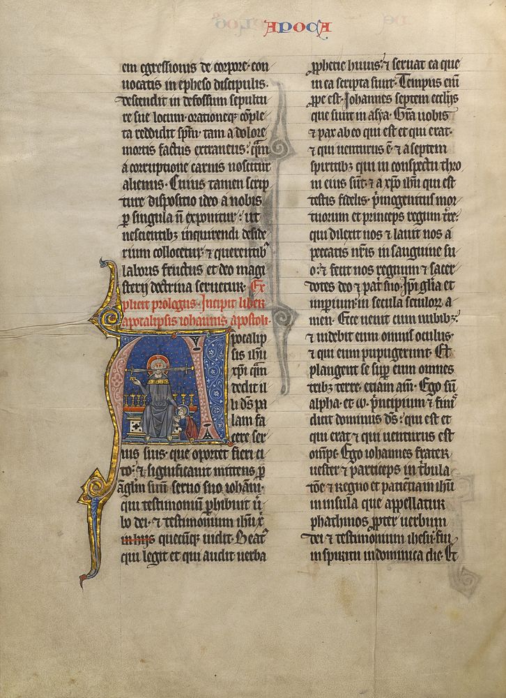 Initial A: Saint John Kneeling in Prayer before his Apocalyptic Vision of Christ Enthroned