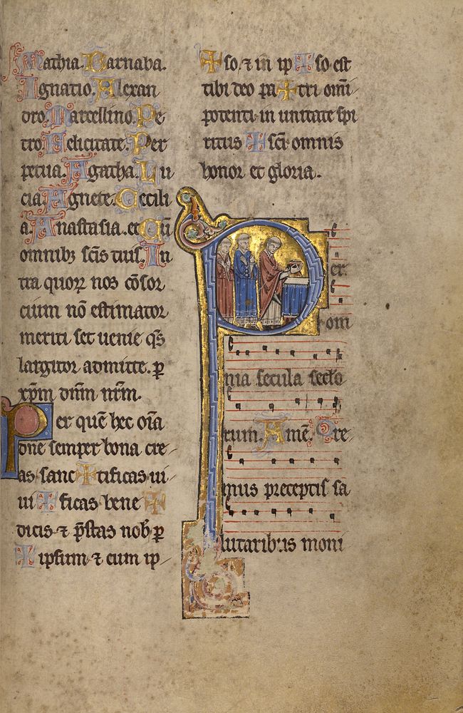 Initial P: A Priest and Two Deacons before an Altar