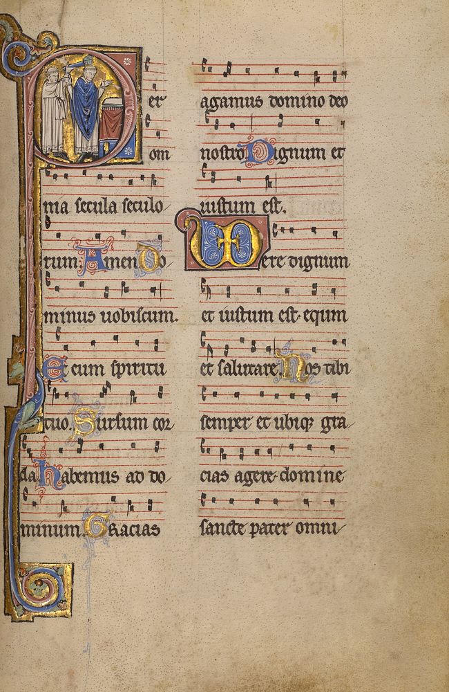 Initial P: A Priest and a Ministrant before an Altar