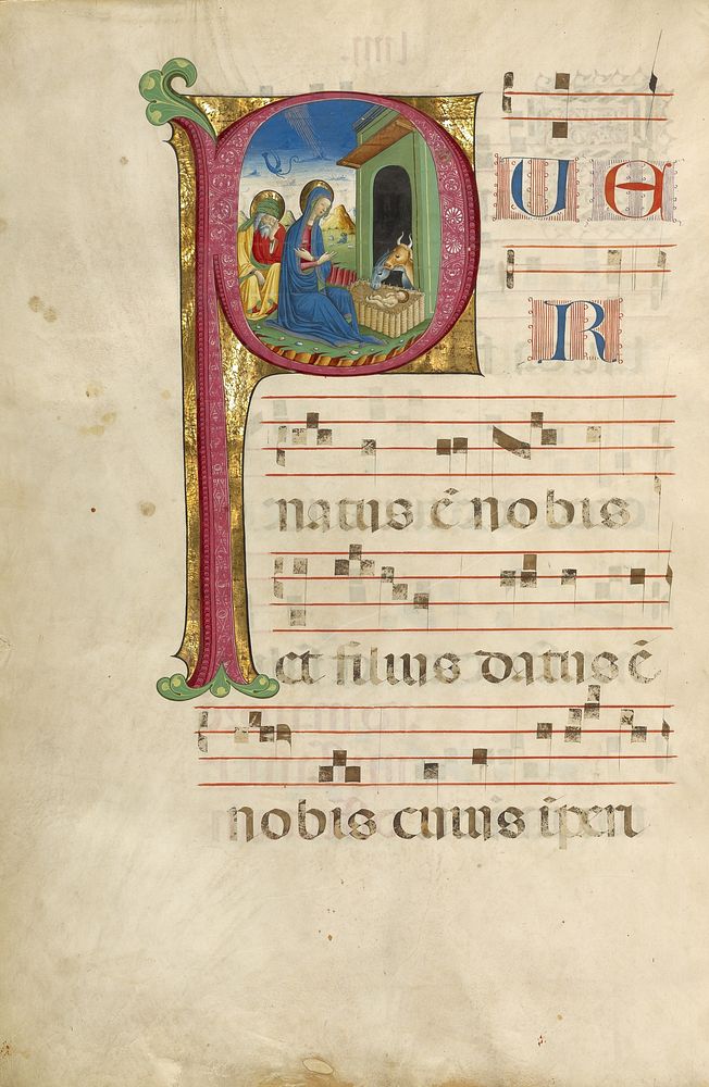 Initial P: The Adoration of the Christ Child and The Annunciation to the Shepherds