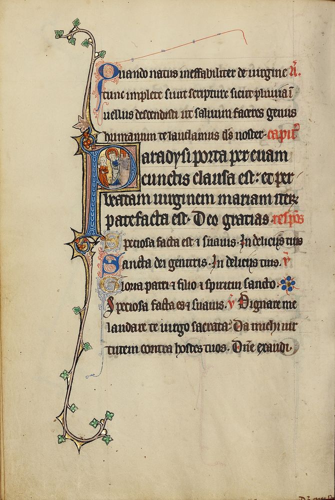 Initial P: The Virgin Mary Opening a Door to a Woman