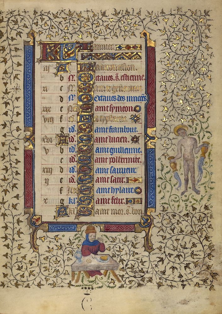 Calendar Page for January; Feasting; Aquarius by Egerton Master