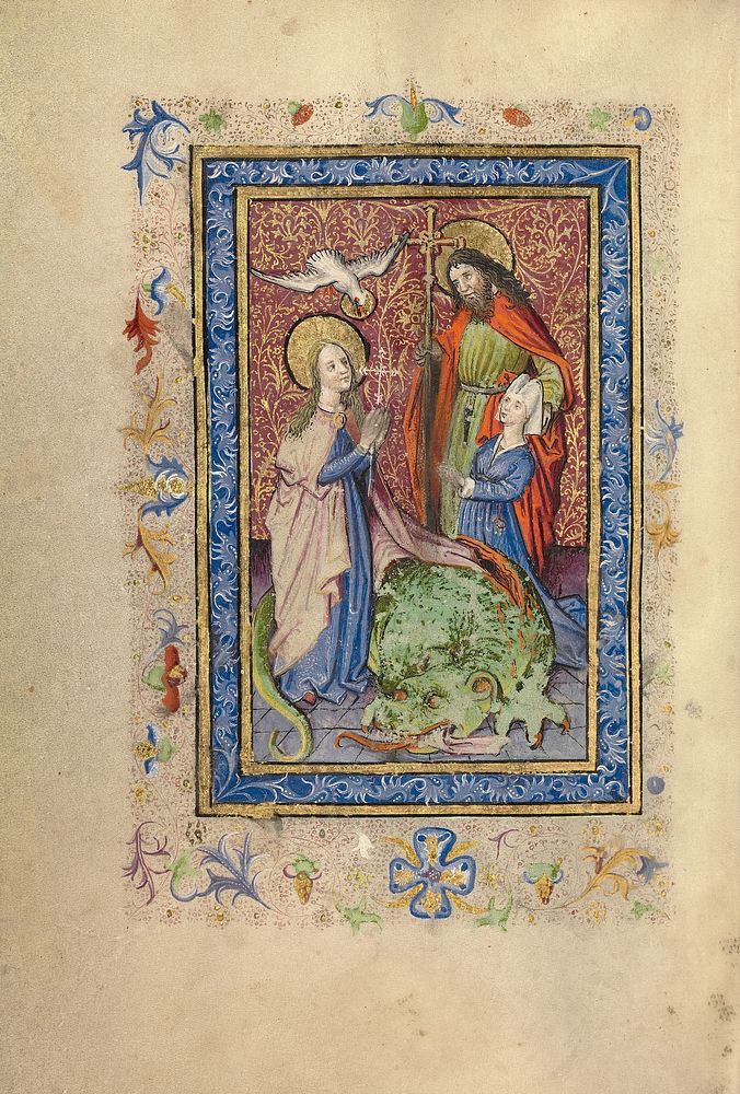 A Bearded Saint with Cruciform Staff Presenting a Kneeling Woman to Saint Margaret
