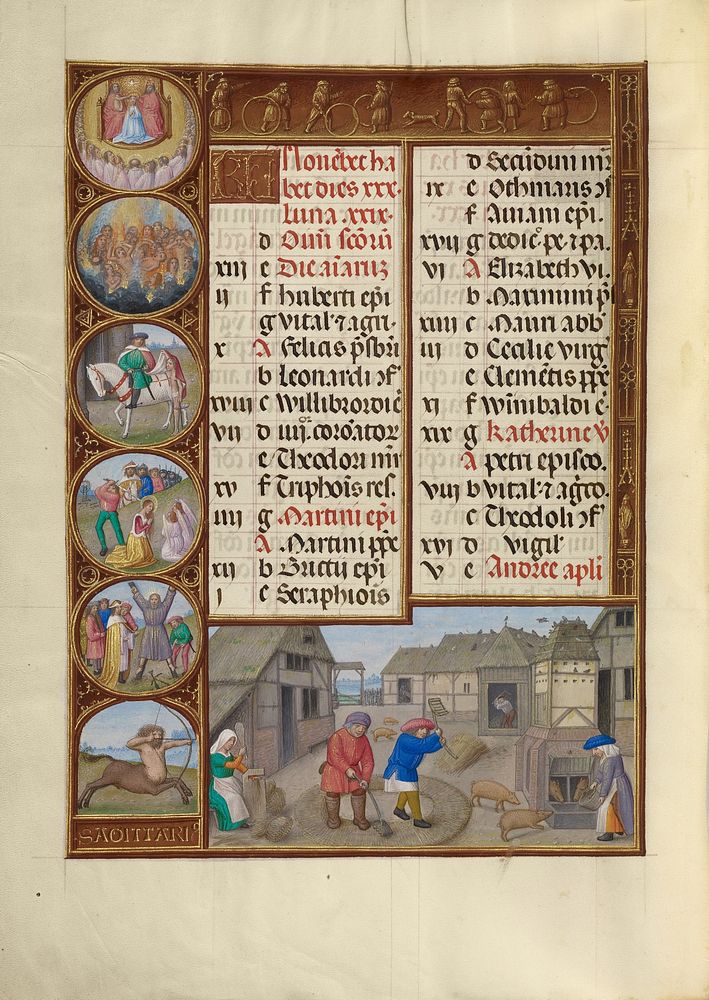 November Calendar Page; Threshing and Pig Feeding; Sagittarius by Master of James IV of Scotland