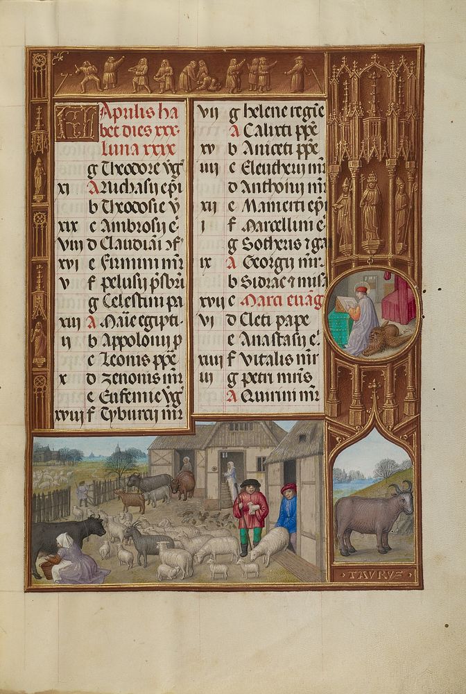April Calendar Page; Milking and Butter Making; Taurus by Master of James IV of Scotland