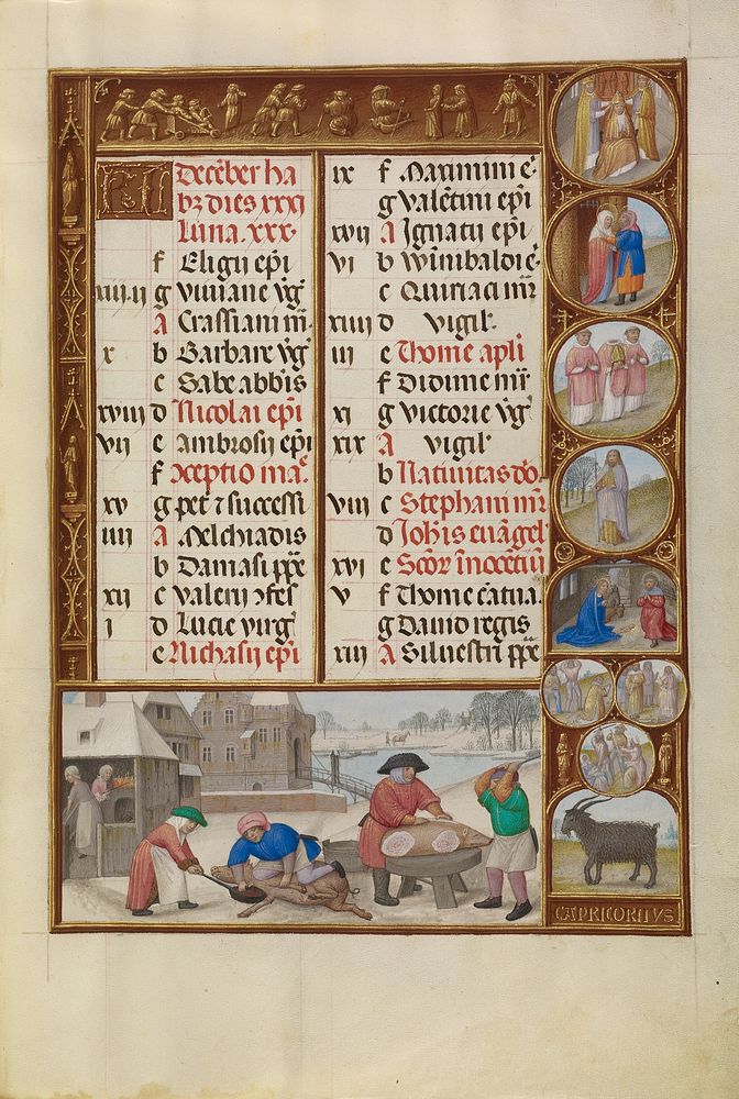 December Calendar Page; Slaughtering Pigs; Capricorn by Master of James IV of Scotland