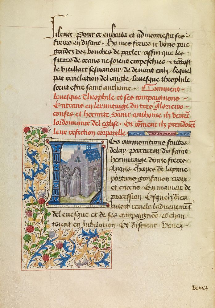 Initial L: Saint Anthony Appearing to Bishop Theophilus and Leading Him to His Hermitage by Master of the Brussels Romuléon