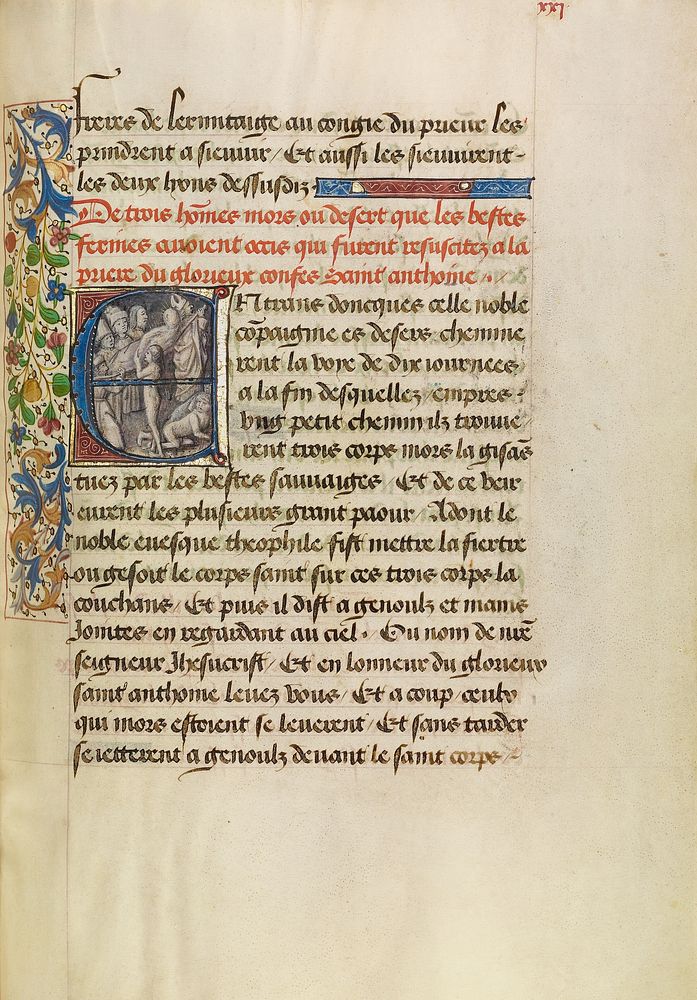 Initial E: Saint Anthony Raising Three Men Killed by Lions by Master of the Brussels Romuléon