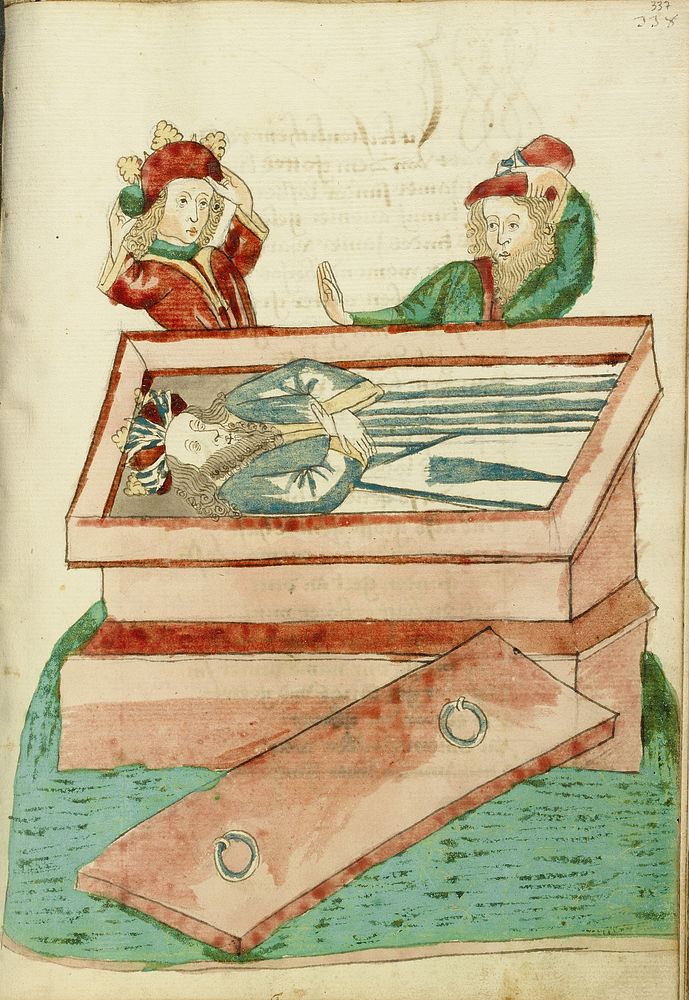 Josaphat and Another Man Mourn the Dead King Avenir in his Coffin by Hans Schilling and Diebold Lauber