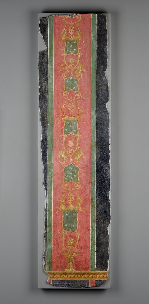 Wall Fragment with Red Stripe which carries Vines and Flowers set against Black Ground