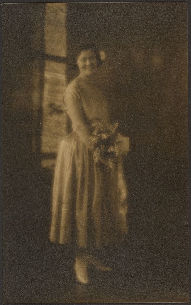 Full Length Portrait of a Woman Holding Bouquet by Louis Fleckenstein