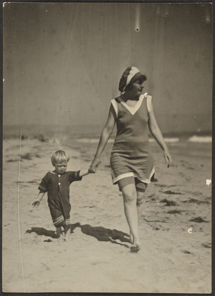 Florence and Infant Walking on Beach by Louis Fleckenstein