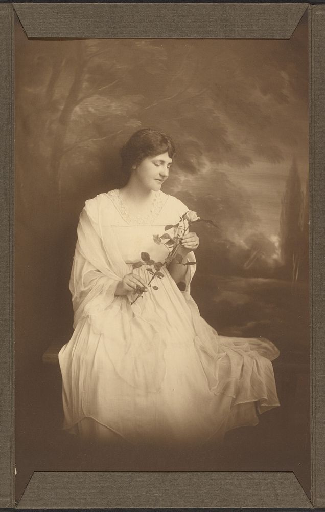 Portrait of a Woman Seated Before Pastoral Scene with Rose by Louis Fleckenstein