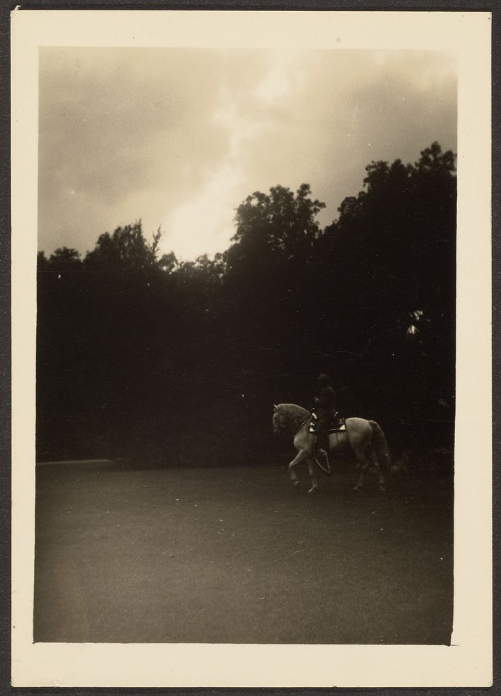 Man on Horseback with Dark Trees and Light Sky by Louis Fleckenstein