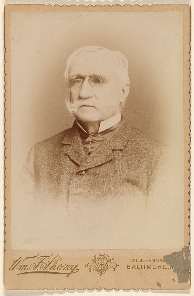 Portrait of an elderly man with a white moustache, with initial W.B.S., printed in vignette-style by William Foss Shorey