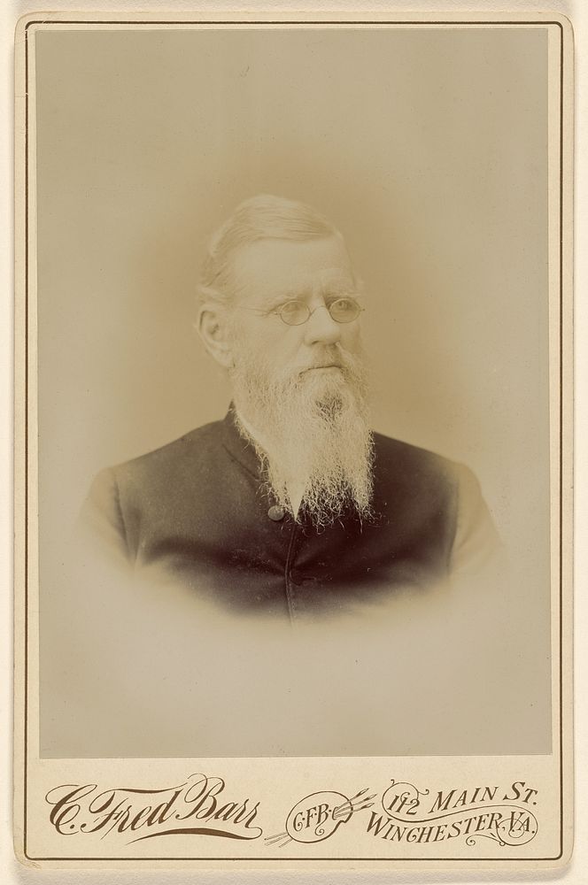 Unidentified elderly man with a long white beard, printed in vignette-style by C Fred Barr