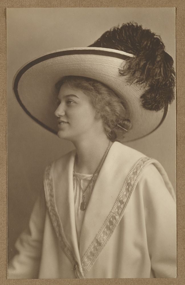 Profile portrait of a woman wearing a straw hat with feathers by A Louis Mojonier