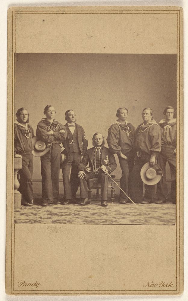Group of seven soldiers, one being seated by Mathew B Brady