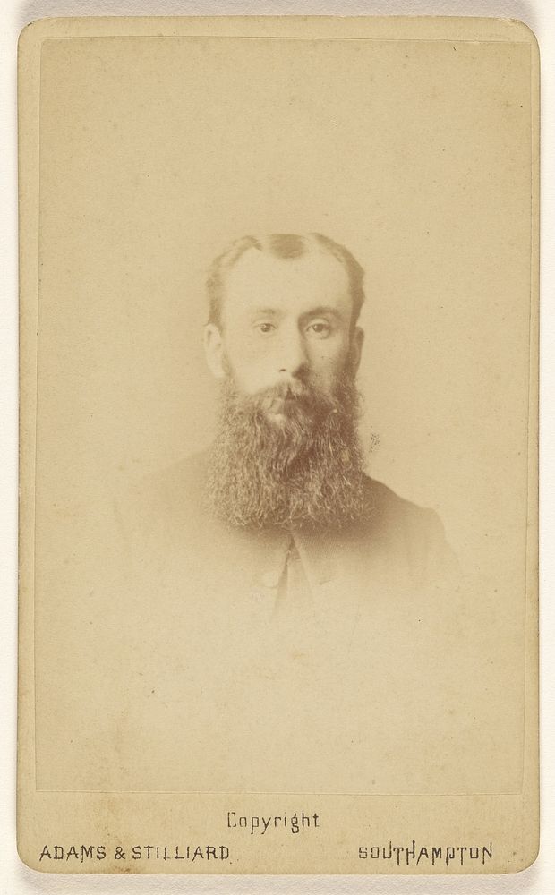 Unidentified man with a long, square-cut beard, printed in vignette-style by Adams and Stilliard