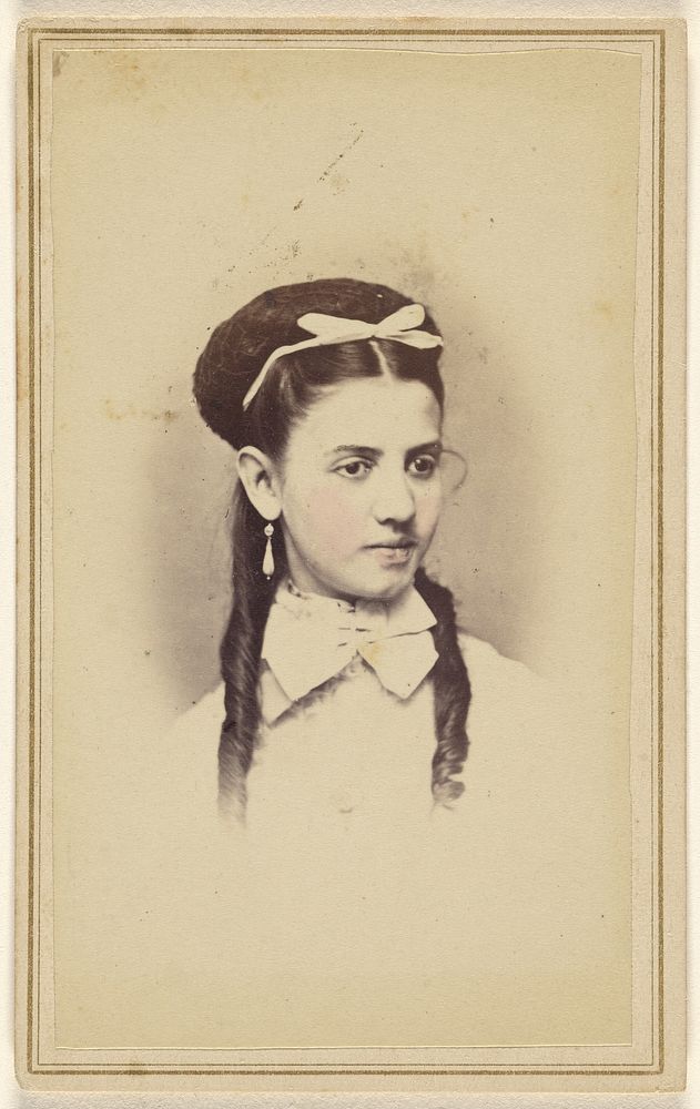 Unidentified young woman with two long curls, wearing a white bow in hair by C L Lochman