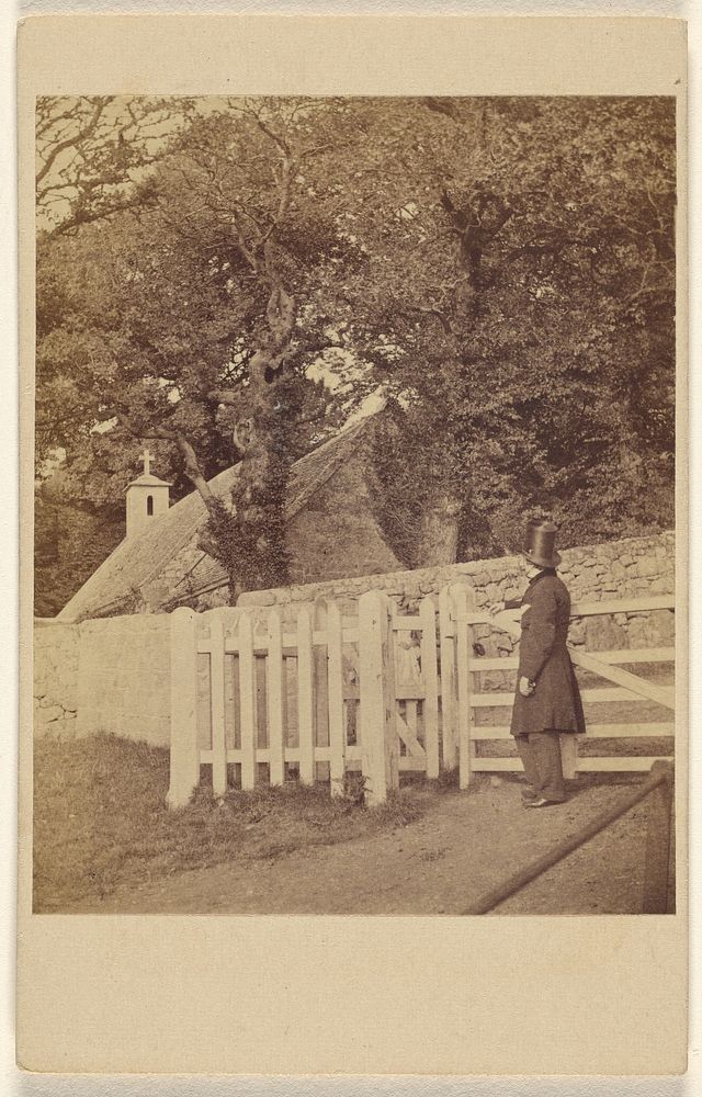 Unidentified man wearing a top hat standing at a gate viewing a house and trees by Fletcher Moor