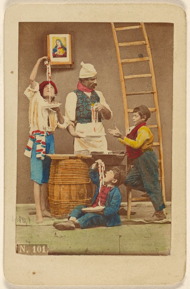 Unidentified man with moustache making pasta, three boys either eating it or helping him make it by Giorgio Conrad