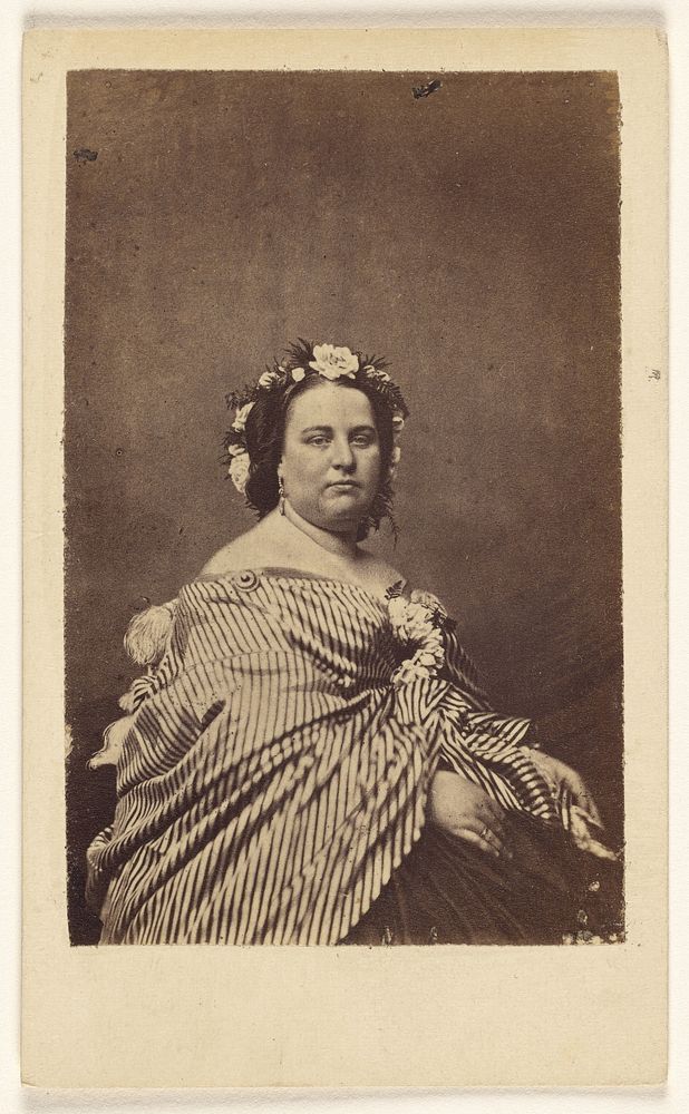 Unidentified woman wearing a flowered hat and striped shawl, seated by Edward Anthony