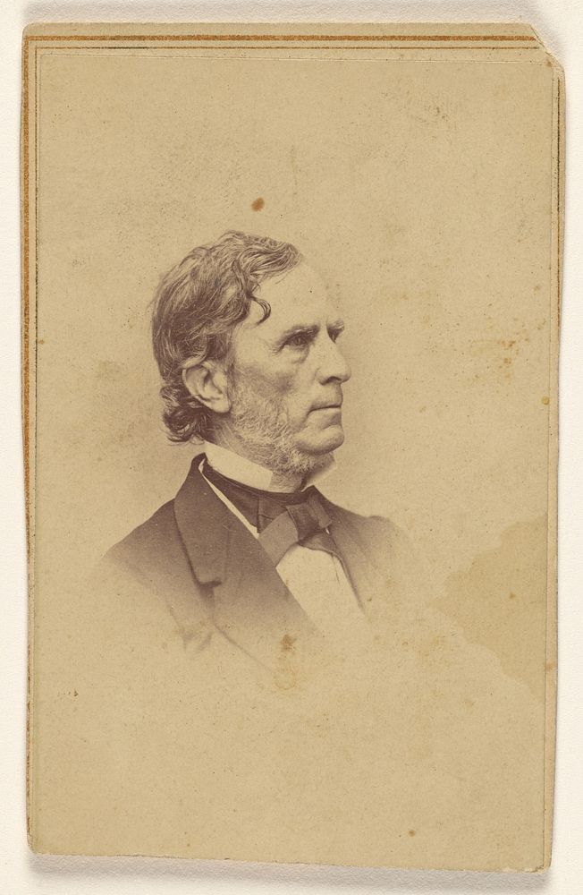 Unidentified man with graying beard, no moustache, in profile, printed in vignette-style by Mathew B Brady
