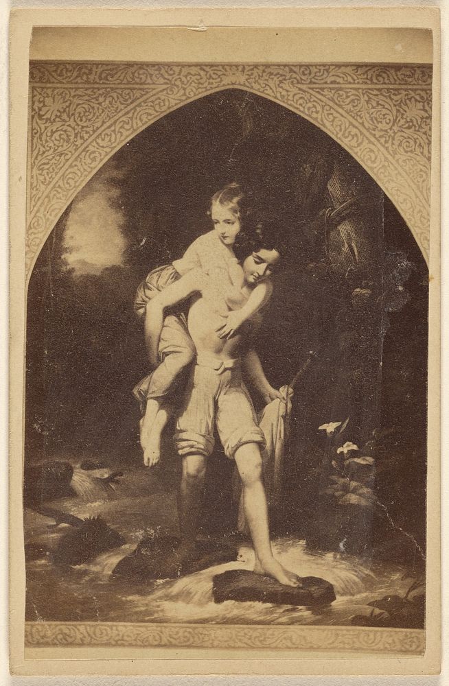 Copy of an unidentified painting: one boy carrying another on his back fording a stream by Maurice Stadtfeld