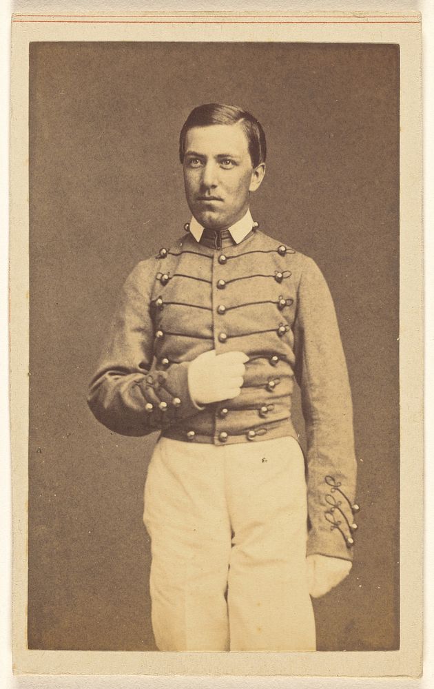Unidentified Civil War soldier standing, holding the center of his coat by Charles DeForest Fredricks