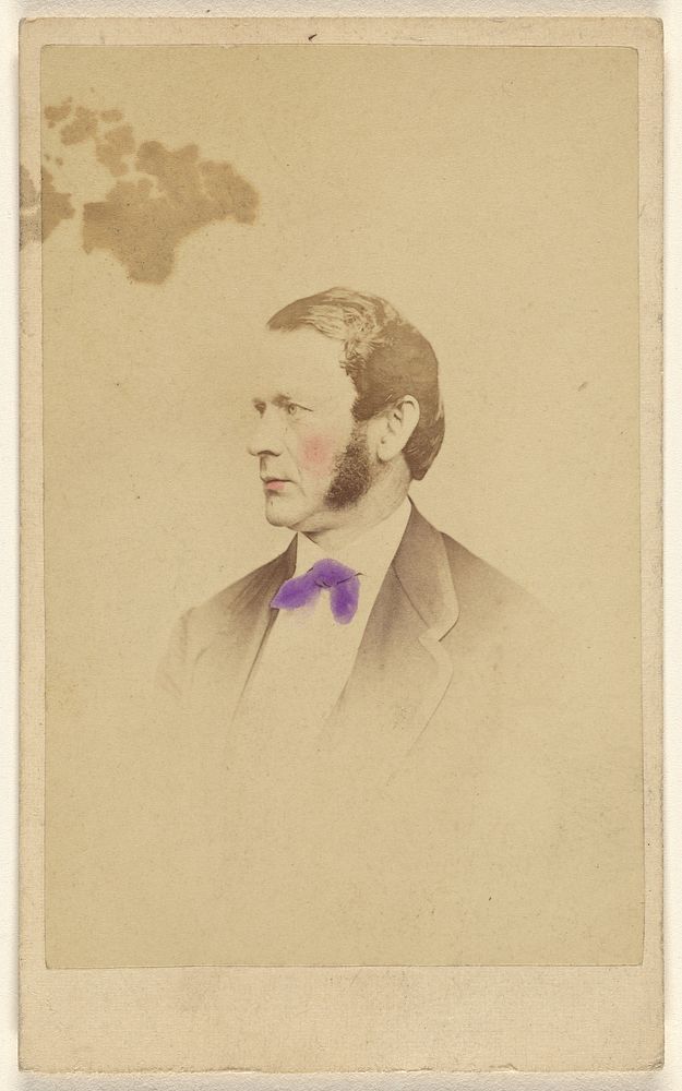 Unidentified man with long sideburns, in profile, printed in vignette-style by Lew Horning