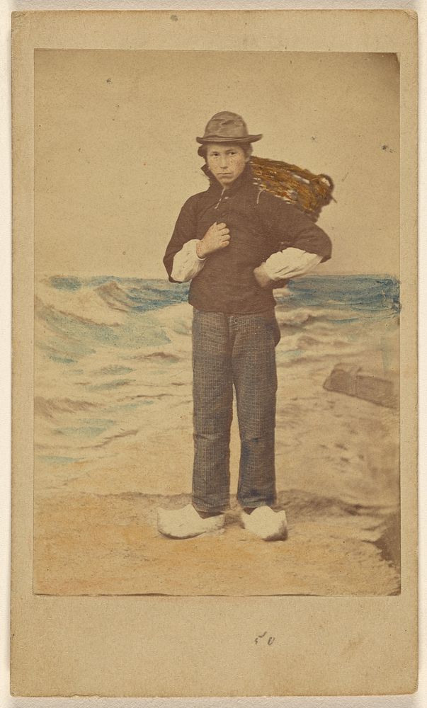 Dutch boy in front of painted sea background by Willem Frederik Vinkenbos