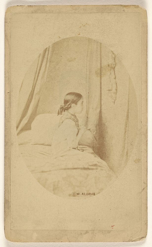 Unidentified little girl in profile seated on a bed. by Alophe Marie Alexander Menut