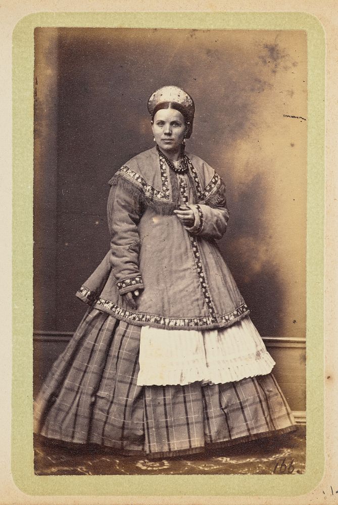 Woman wearing embroidered jacket and kokoshnik by William Carrick
