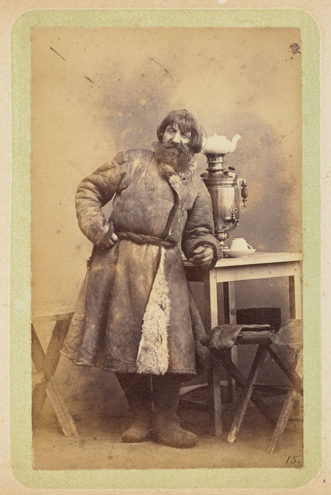 Man in coat leaning on table by William Carrick