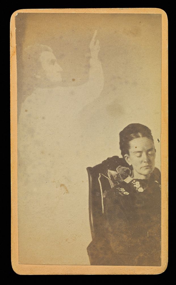 Unidentified woman with male "spirit" pointing upwards by William H Mumler