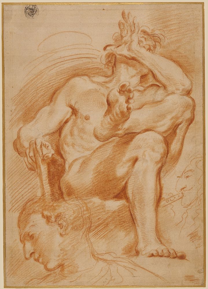 Sheet of Studies: A Seated Nude Man, A Youthful Head and a Caricature Head of a Man Playing a Pipe by Domenico Maria Canuti