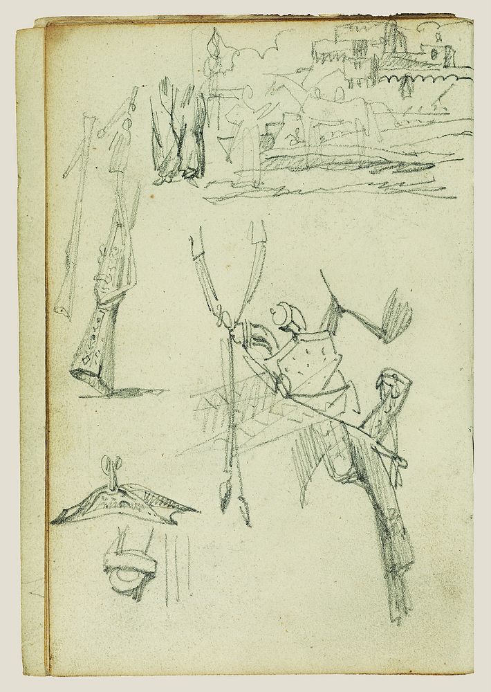 Weapon studies, compositional study of castle scene by Théodore Géricault